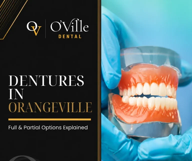 “Dentures in Orangeville with full and partial options, featuring a dental model held by blue-gloved hands at O’Ville Dental.