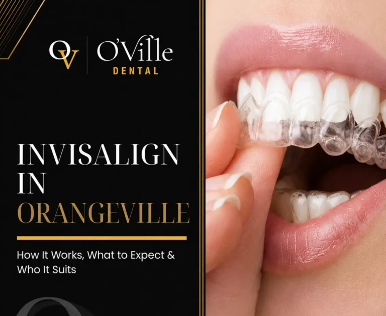 Person placing a clear Invisalign aligner over their teeth, promoting Invisalign treatment in Orangeville at O’Ville Dental.