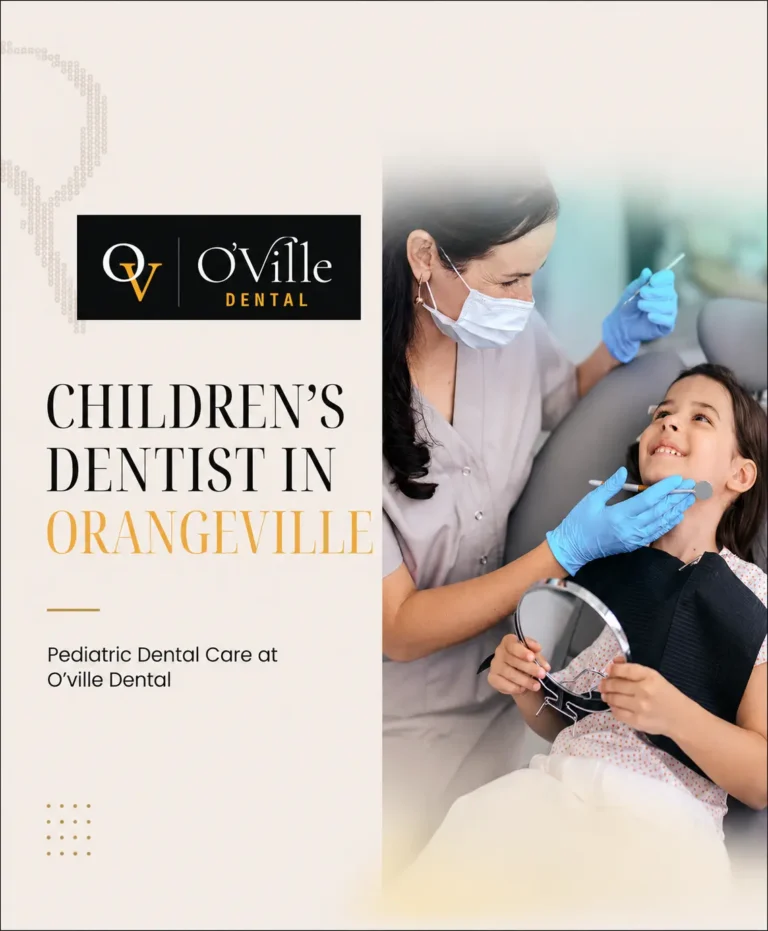 Female dentist examining a smiling young patient at O’Ville Dental, promoting pediatric dental care in Orangeville