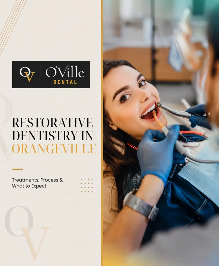 Restorative dentistry in Orangeville at O’Ville Dental, with a dentist treating a smiling patient.