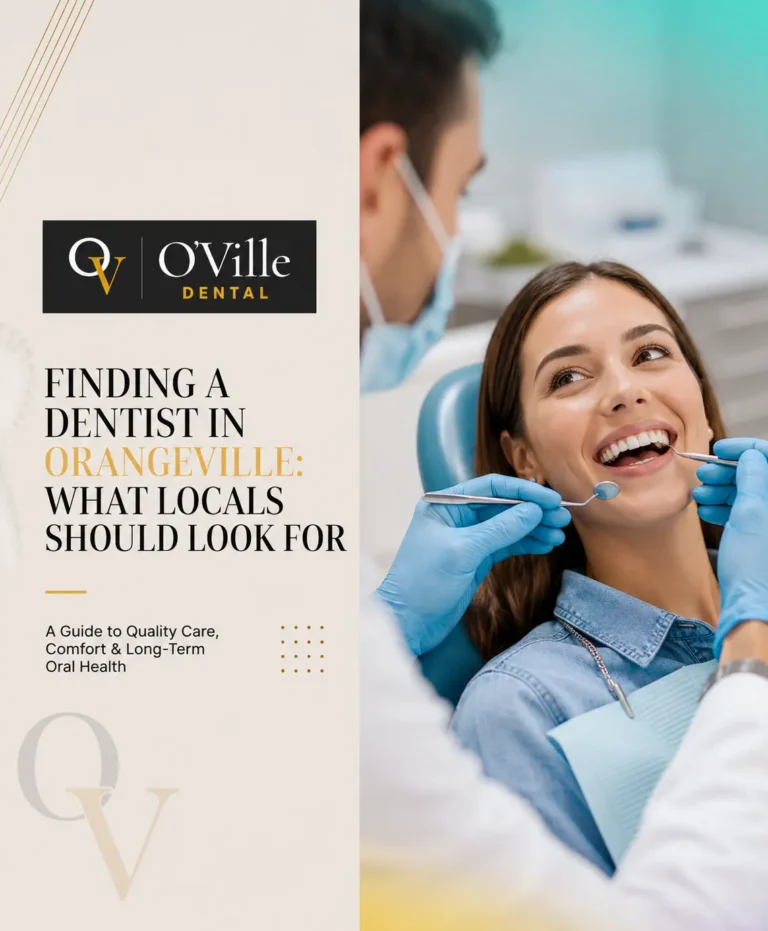 Finding a dentist in Orangeville guide from O’Ville Dental, featuring a dentist examining a smiling patient.
