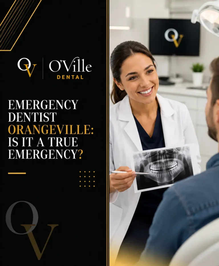 Emergency dentist in Orangeville discussing a dental X-ray with a patient at O’Ville Dental.
