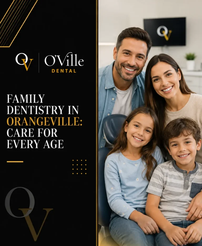 Smiling family of four at O’Ville Dental promoting family dentistry in Orangeville for patients of all ages.