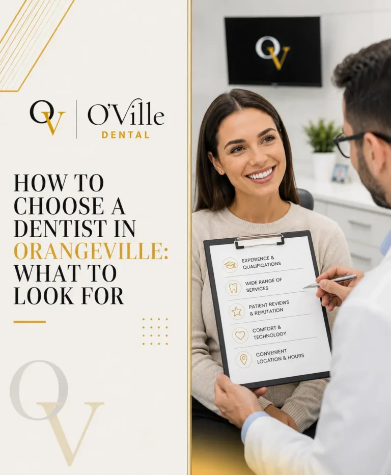 Smiling patient discussing how to choose a dentist in Orangeville with an O’Ville Dental provider.