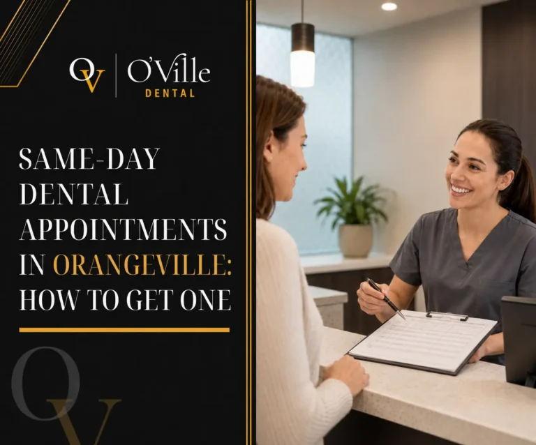 Dental receptionist in gray scrubs helping a patient schedule a same-day dental appointment in Orangeville.