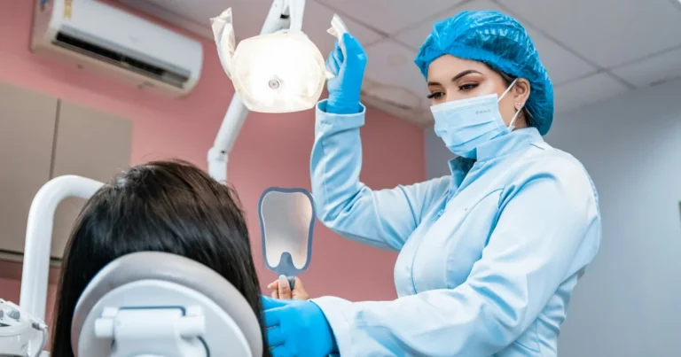 Masked dental hygienist adjusting the overhead light as a patient holds a tooth-shaped hand mirror
